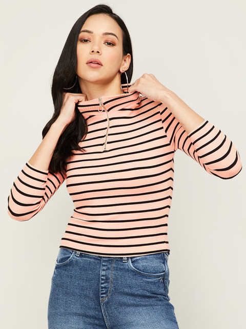 

Ginger by Lifestyle Women Beige & Black Striped High Neck Regular Top
