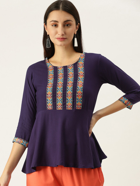 

SWAGG INDIA Purple Floral Embroidered A-Line Top