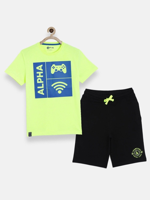 

3PIN Boys Lime Green & Black Printed Pure Cotton T-shirt with Shorts