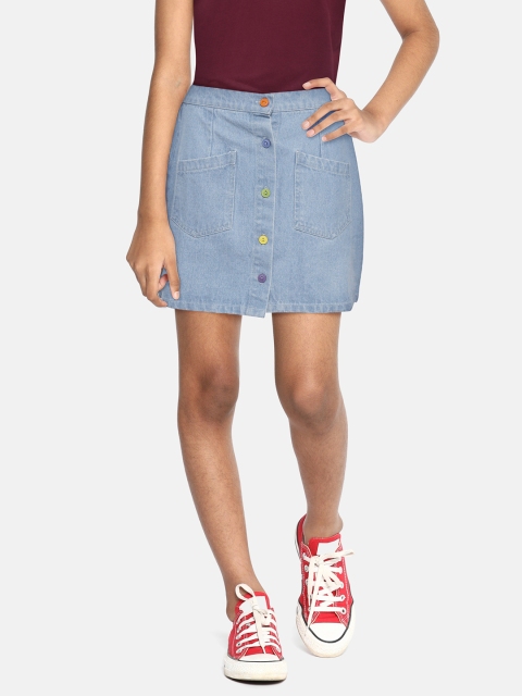 

Noh.Voh - SASSAFRAS Kids Girls Blue Solid Pure Cotton A- Line Denim MIni Skirt