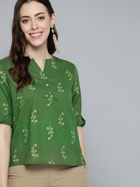 

HERE&NOW Women Green & Yellow Pure Cotton Floral Print Top