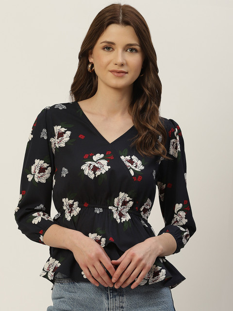 

Slenor Women Navy Blue & White Floral Crepe Peplum Top