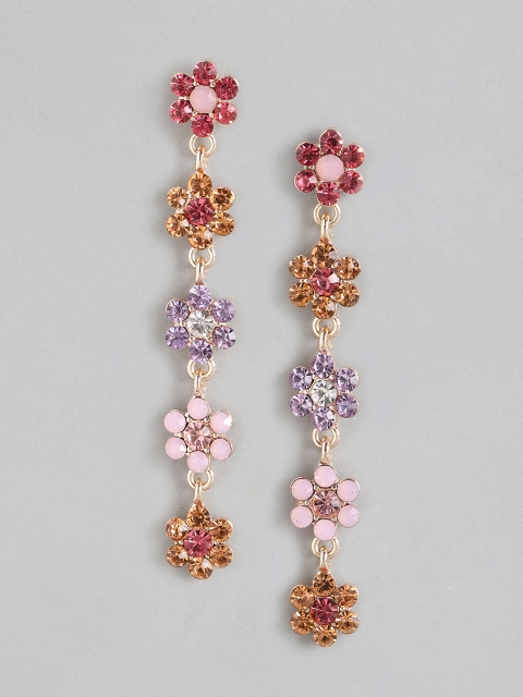

Forever New Red & Pink Rose-Gold Plated Stone Studded Floral Drop Earrings