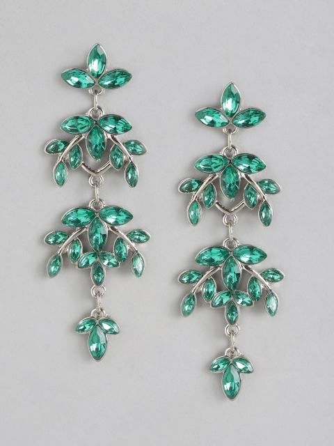 

Forever New Green Silver-Plated Stone-Studded Floral Drop Earrings