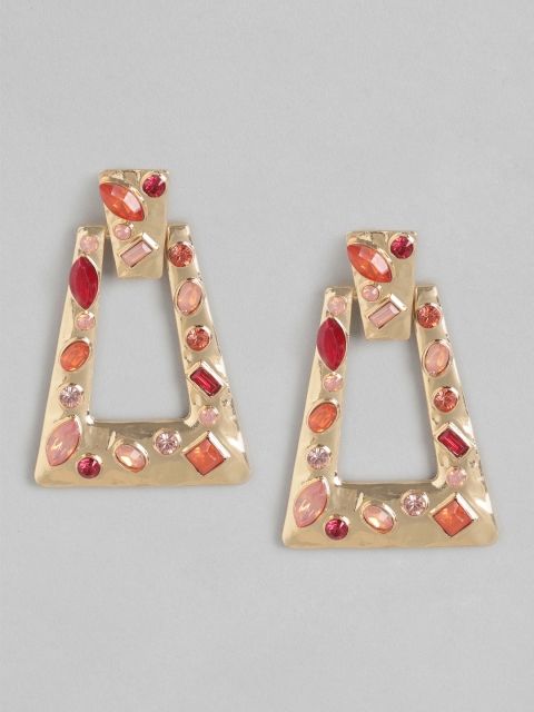 

Forever New Pink & Maroon Gold-Plated Stone Studded Geometric Drop Earrings