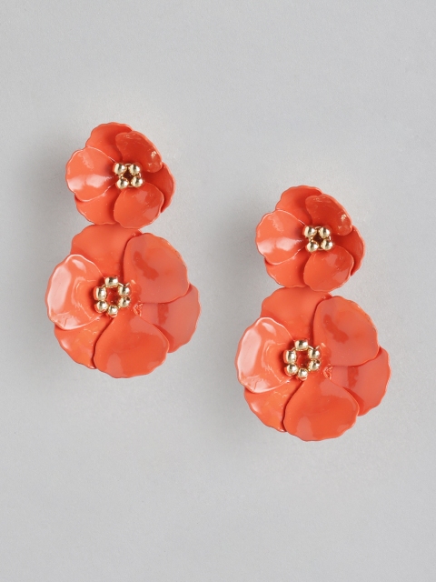 

Forever New Orange Gold-Plated Beaded Enamelled Floral Jacket Drop Earrings