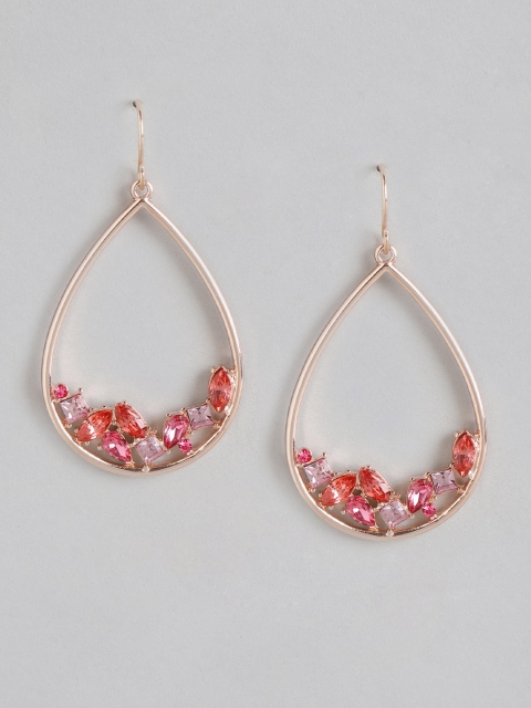 

Forever New Red & Rose Gold-Plated Stone-Studded Teardrop Shaped Drop Earrings