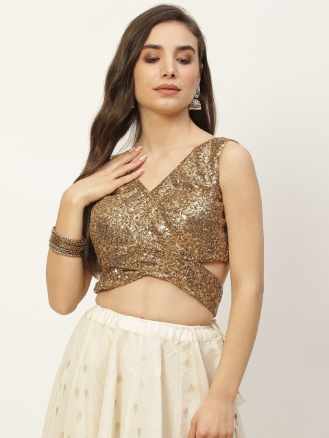 

NDS Niharikaa Designer Studio Golden Sequinned Embroidered Padded Readymade Saree Blouse, Gold