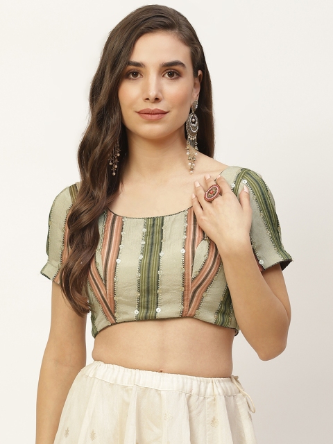 

NDS Niharikaa Designer Studio Green & Peach-Coloured Striped Sequinned Padded Saree Blouse