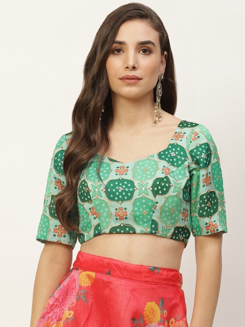 

NDS Niharikaa Designer Studio Green & White Bandhani Print Zari Sequin Padded Saree Blouse
