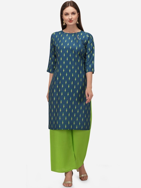 

Viva N Diva Women Teal Ethnic Motifs Printed Regular Kurta with Palazzos