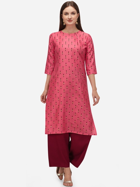 

Viva N Diva Women Pink Printed Regular Kurta with Maroon Palazzos