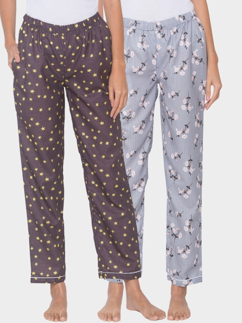 

FashionRack Women Pack Of 2 Brown & Grey Printed Cotton Lounge Pants
