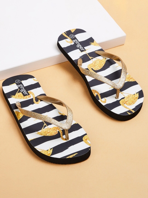 

Ginger by Lifestyle Women Black & Gold-Toned Striped Thong Flip-Flops