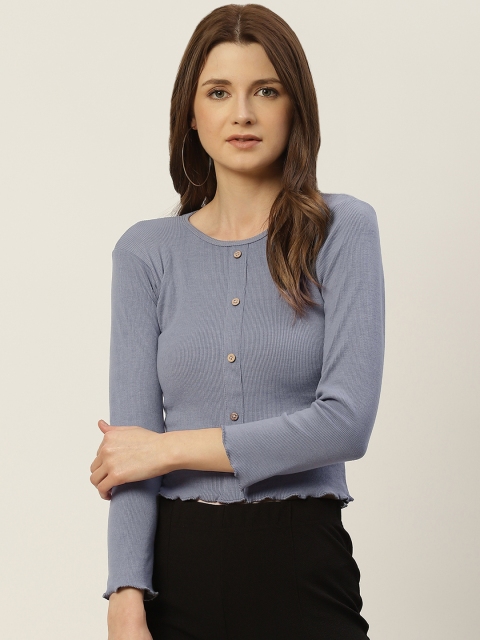 

BROOWL Women Blue Crepe Cropped Regular Top