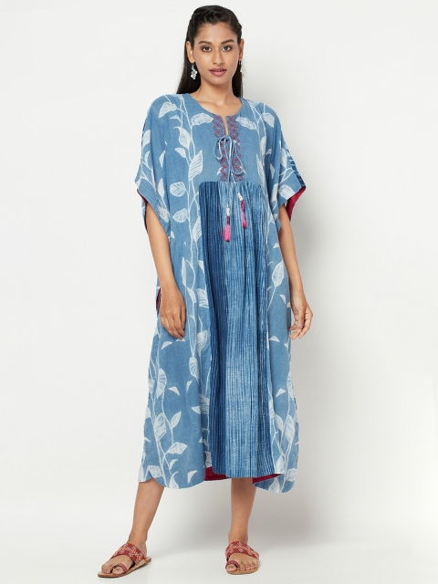 

Fabindia Navy Blue & White Floral Printed Pure Cotton Kaftan Nightdress