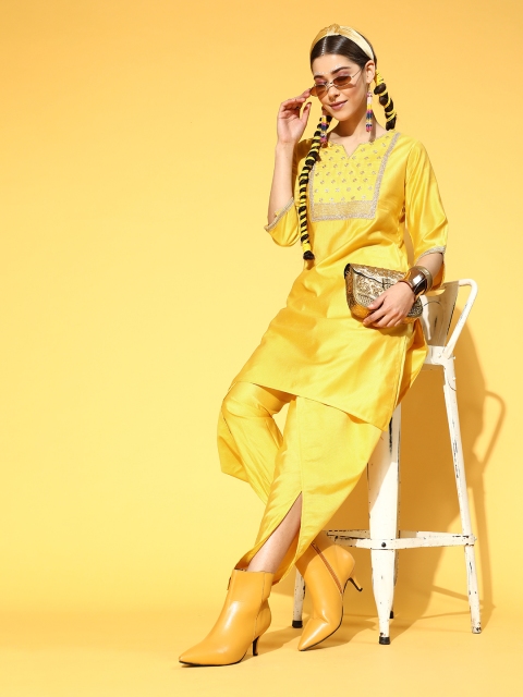 

Indo Era Women Yellow Ethnic Motifs Embroidered Liva Kurta with Dhoti Pants