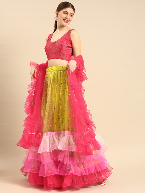 

Tikhi Imli Lime Green & Pink Embellished Ready to Wear Lehenga & Unstitched Blouse With Dupatta