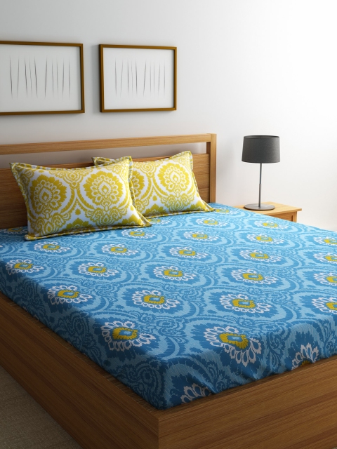 

SPACES Blue & Yellow Cotton 144 TC Double Bedsheet with 2 Pillow Covers