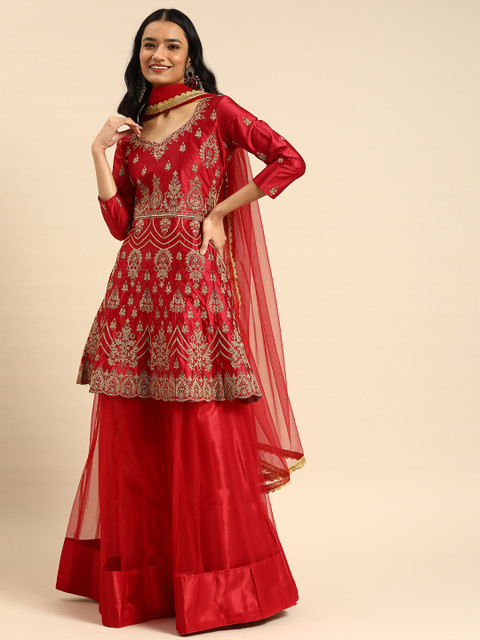

Tikhi Imli Red Embellished Ready to Wear Lehenga & Semi-Stitched Blouse With Dupatta