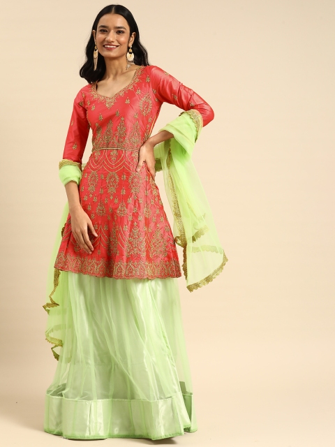 

Tikhi Imli Green & Pink Embellished Semi-Stitched Lehenga & Blouse With Dupatta