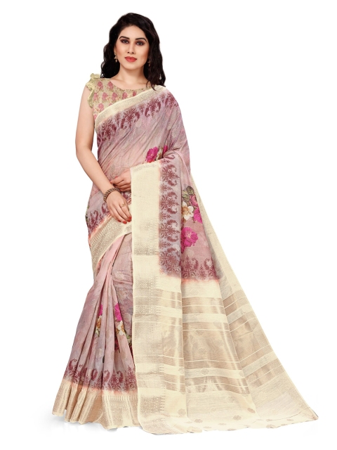 

KALINI Pink & Cream-Coloured Floral Zari Saree