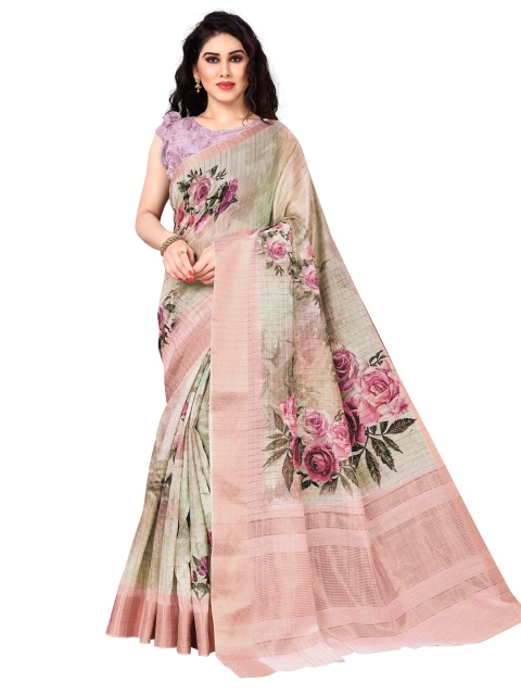 

KALINI Green & Pink Floral Zari Saree