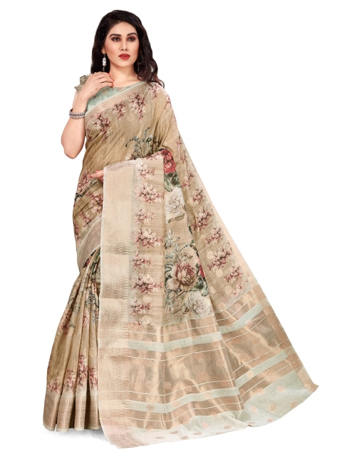 

KALINI Beige & Brown Floral Printed Zari Saree