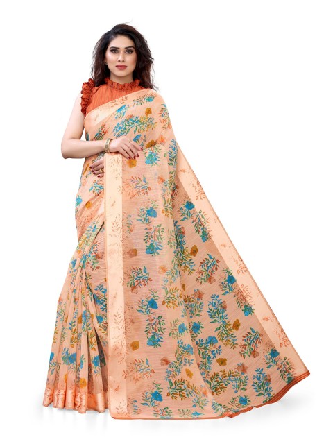

KALINI Orange & Blue Floral Printed Saree