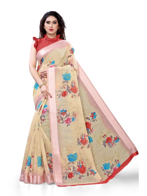 

KALINI Beige & Red Floral Zari Bagh Saree