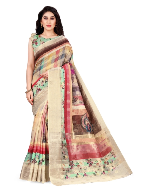 

KALINI Beige & Green Checked Zari Silk Cotton Saree