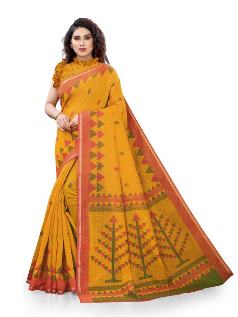 

KALINI Mustard & Red Zari Cotton Saree