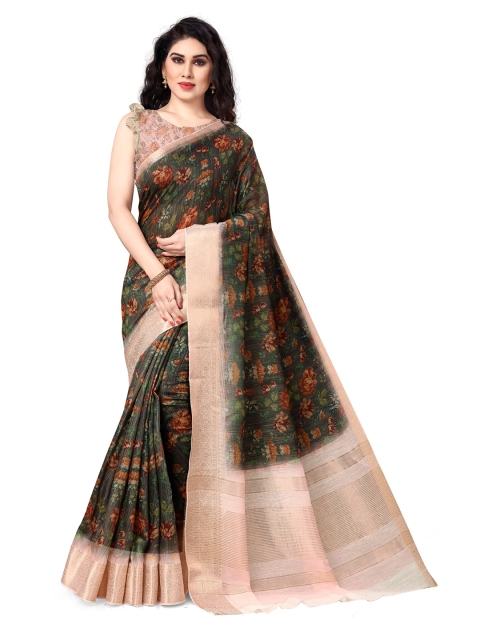 

KALINI Green & Brown Floral Printed Zari Saree