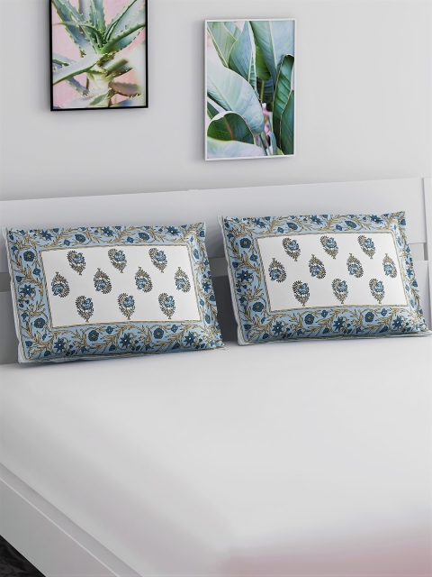 

Salona Bichona Set Of 2 Blue & White Printed Pure Cotton 120 TC Pillow Covers