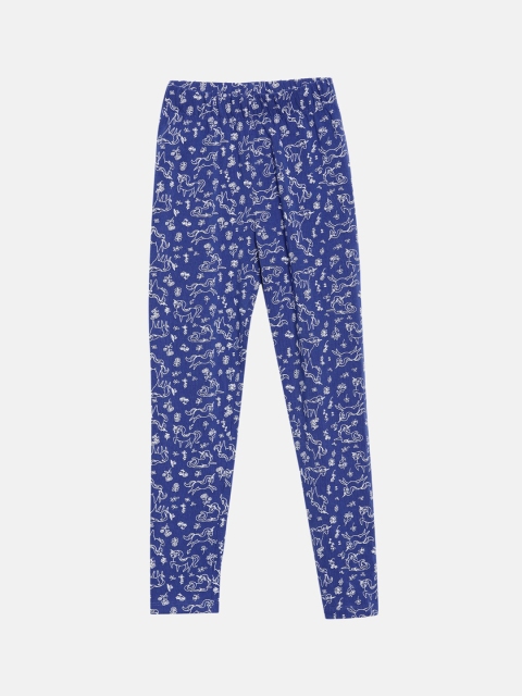 

YK Girls Blue & White Printed Ankle Length Cotton Lycra Leggings