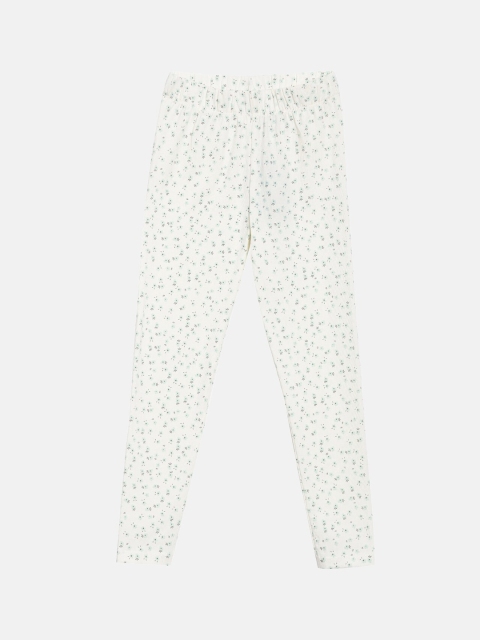 

YK Girls Off White & Blue Floral Printed Ankle Length Cotton Lycra Leggings