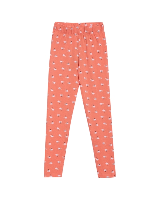 

YK Girls Orange & White Printed Ankle-Length Cotton Lycra Leggings