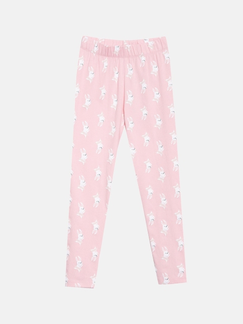 

YK Girls Pink & White Printed Ankle Length Cotton Lycra Leggings
