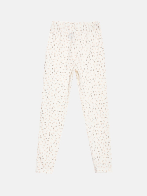 

YK Girls Cream-Coloured & Peach-Coloured Printed Cotton Lycra Leggings