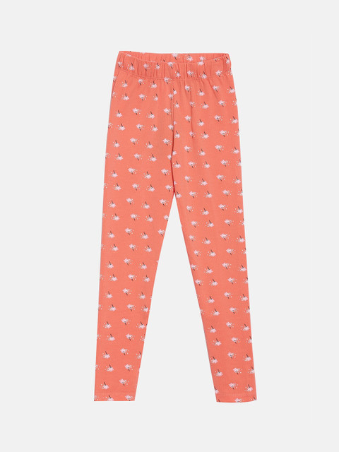 

YK Girls Orange & Pink Floral Printed Ankle Length Cotton Lycra Leggings