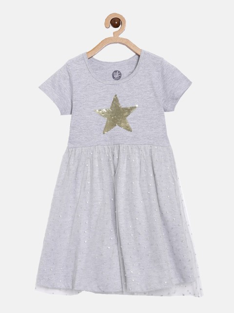 

YK Girls Grey Sequin Star Embellished Pure Cotton Dress