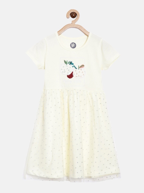 

YK Girls Cream-Coloured Printed Pure Cotton Dress
