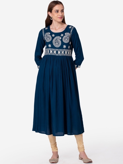 

SHINOY Women Turquoise Blue & White Embroidered Anarkali Kurta