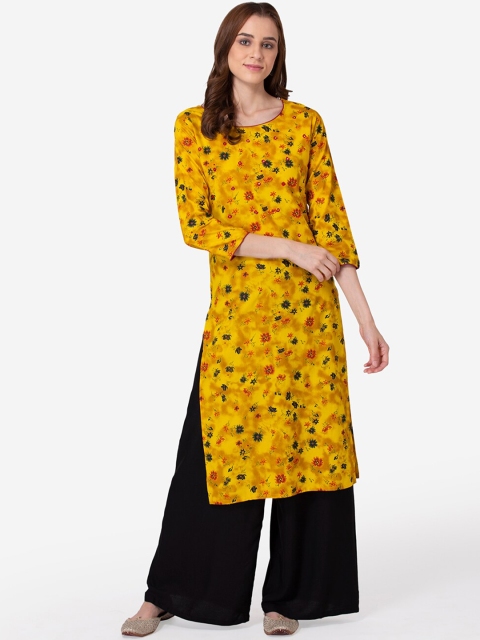 

SHINOY Women Yellow & Red Printed Mirror Work Floral Kurta