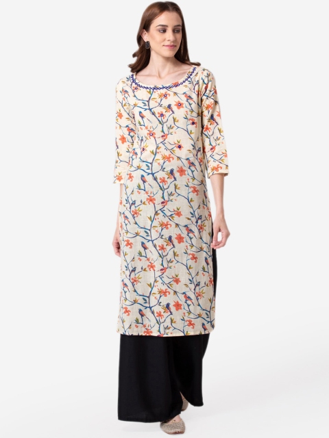 SHINOY Women White & Red Floral Printed Floral Kurta
