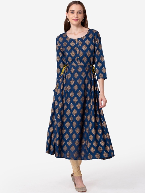 

SHINOY Women Blue & Gold-Toned Ethnic Motifs Printed A-line Kurta