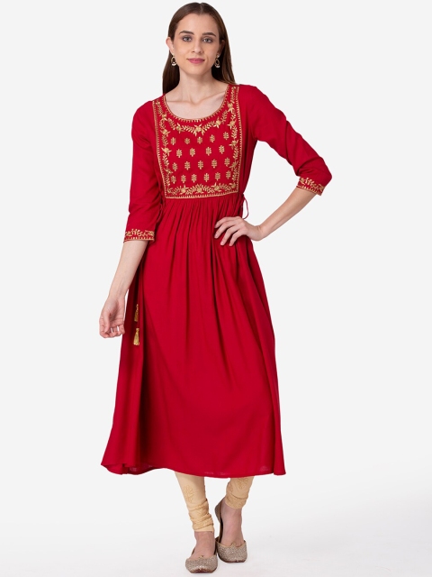 

SHINOY Women Red & Gold-Toned Yoke-Design Floral Anarkali Kurta, Maroon