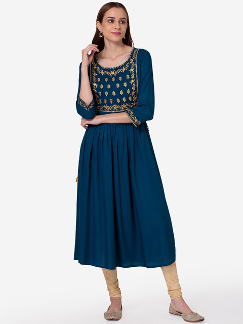 

SHINOY Women Blue & Gold-Toned Embroidered Anarkali Kurta
