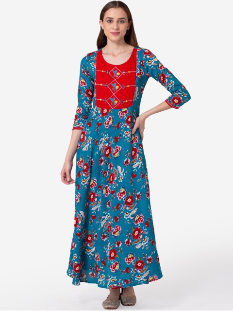 

SHINOY Women Blue & Red Floral Printed Floral Pure Cotton Kurta
