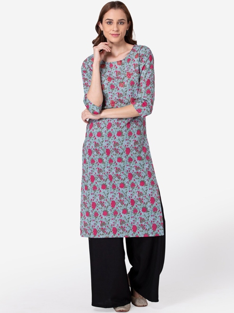 

SHINOY Women Blue & Green Ethnic Motifs Cotton Printed Floral Kurta